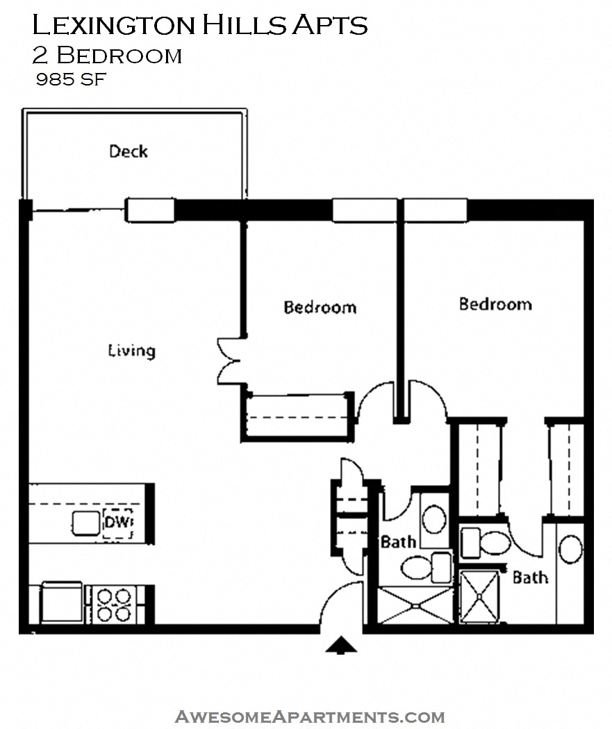 Floor plan for 2 beds, 2 baths, 967 sqft